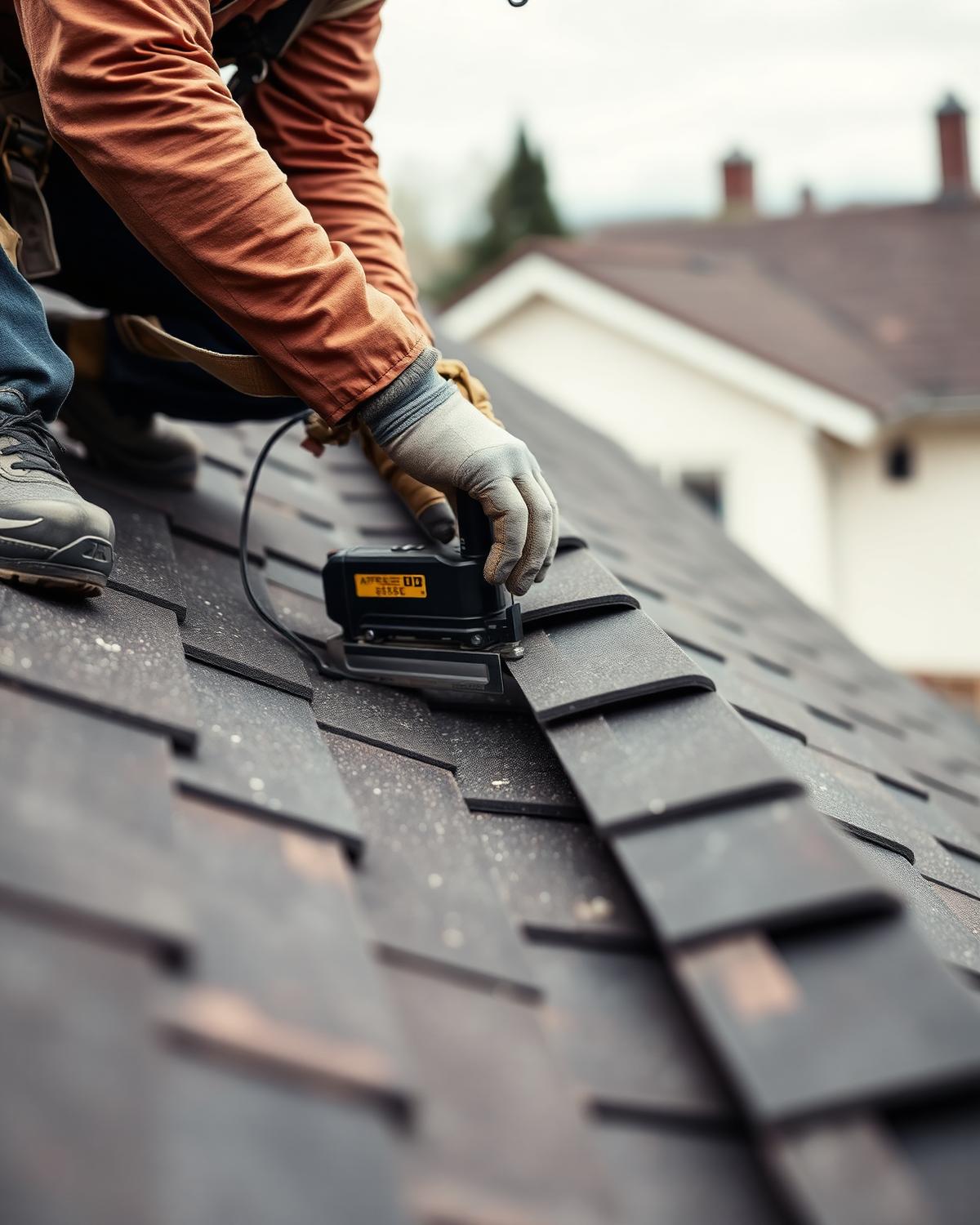 Roofer fastening architectural shingles during an installation