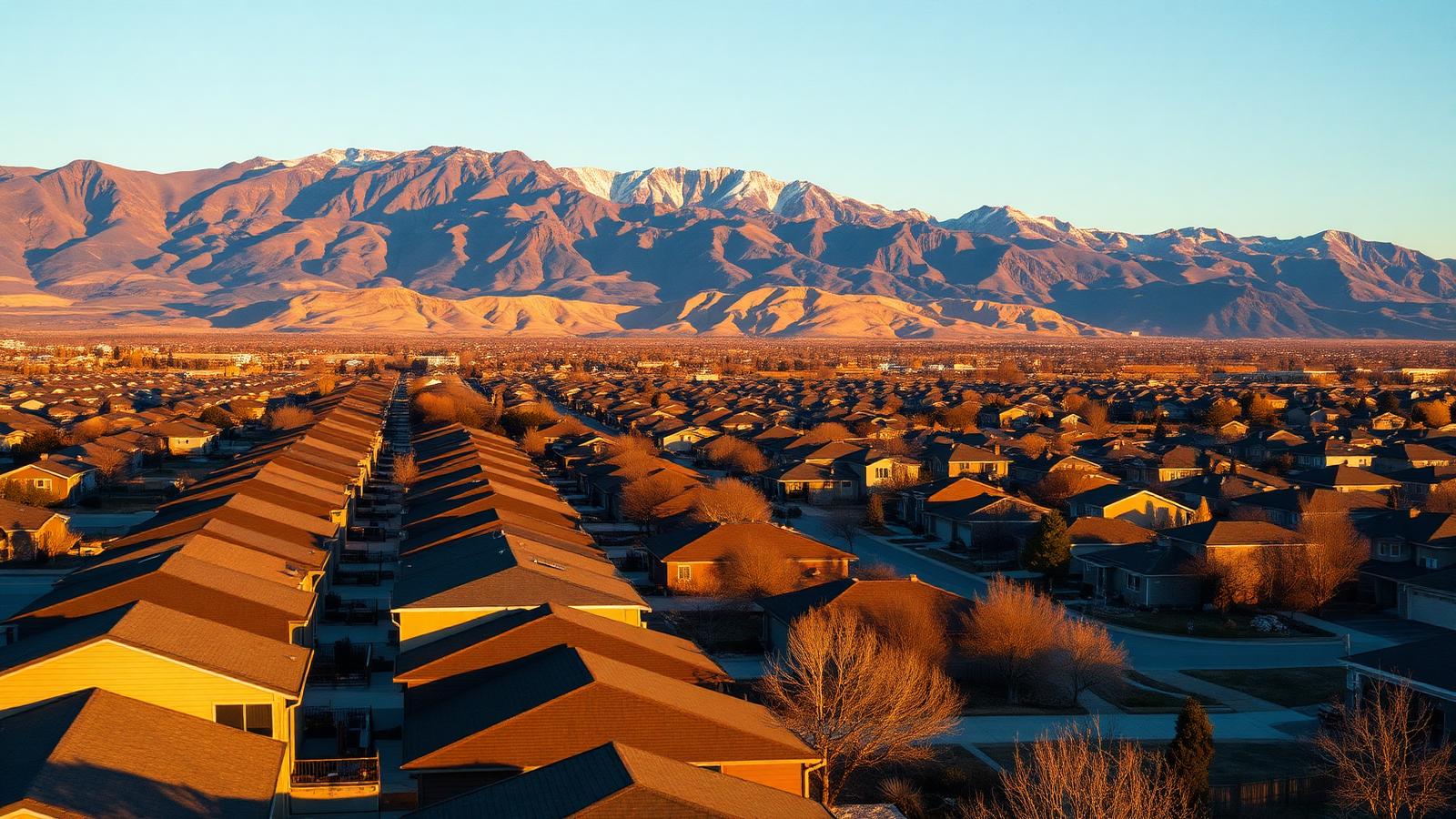 Salt Lake Valley neighborhood rooftops with the Wasatch mountains at golden hour